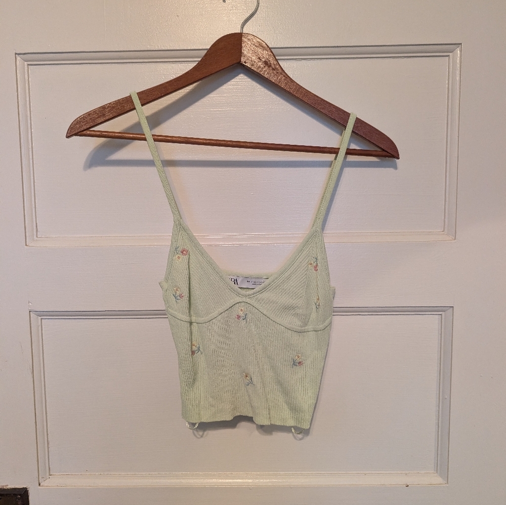 ZARA crop knit tank Top Cami lime green Embroidered Flowers Spring Festival